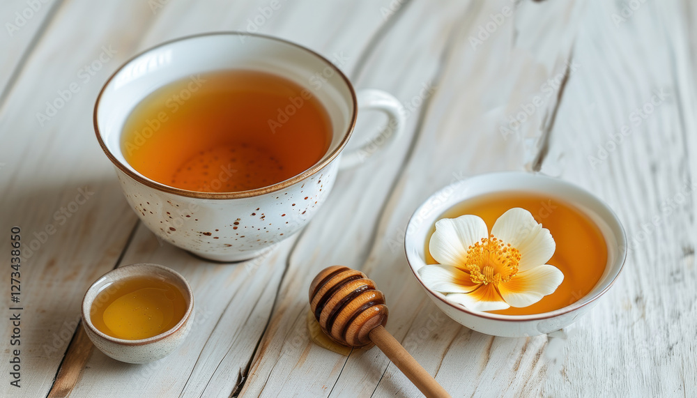 Rustic tea scene with ceramic cup and honey on wooden table with copy space Rustic tea scene with ceramic cup and honey on wooden table with copy space