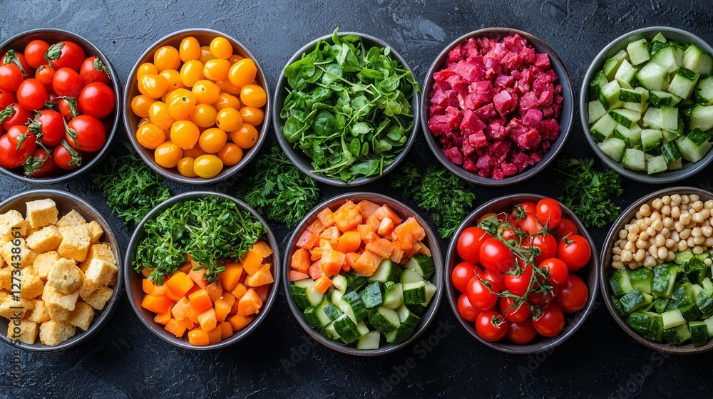 Assorted fresh chopped vegetables and fruits in small bowls on dark background. Ideal for healthy food blog, recipe articles, or stock photography use Assorted fresh chopped vegetables and fruits in small bowls on dark background. Ideal for healthy food blog, recipe articles, or stock photography use