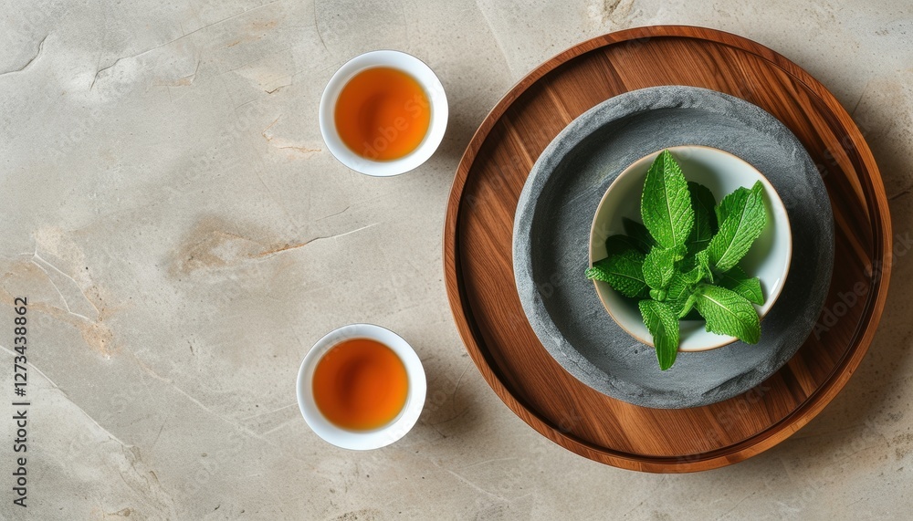 Top view of herbal tea with fresh mint leaves in ceramic bowl with copy space Top view of herbal tea with fresh mint leaves in ceramic bowl with copy space