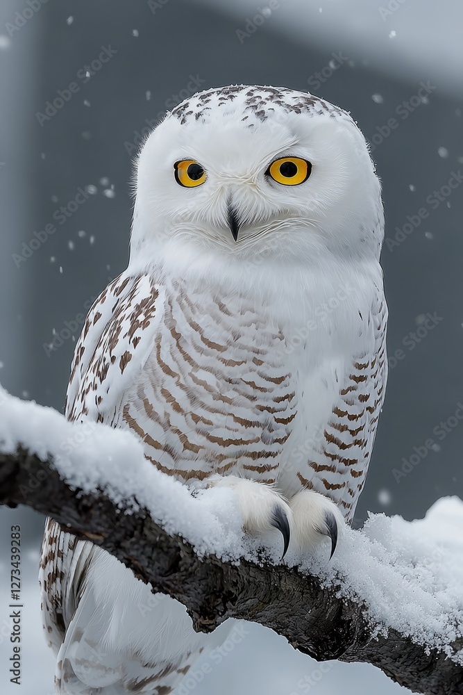 Obraz premium Snowy Owl Perched on Branch in Winter Snow