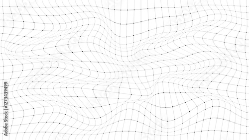 Vector abstract distorted grid. Futuristic wireframe wave with effect glitch. Creative white lines with curved perspective mesh.