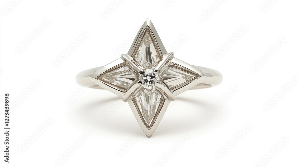 Fototapeta premium A radiant silver ring with a star-shaped diamond setting, glowing elegantly on a clean white backdrop
