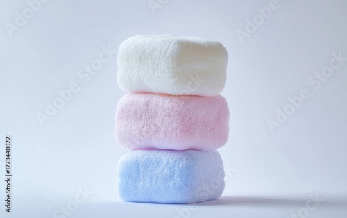 Marshmallows in soft pastel hues stacked together isolated on white