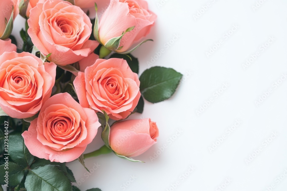 Fototapeta premium Fresh pink roses arranged neatly on a white surface