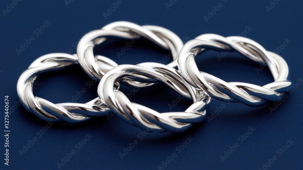 A set of matching twisted silver rings with a polished finish, arranged beautifully on a dark blue background A set of matching twisted silver rings with a polished finish, arranged beautifully on a dark blue background