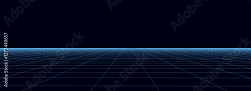 Vector abstract technology perspective grid. Detailed wireframe landscape with blue lines on black background. Digital space with mesh.