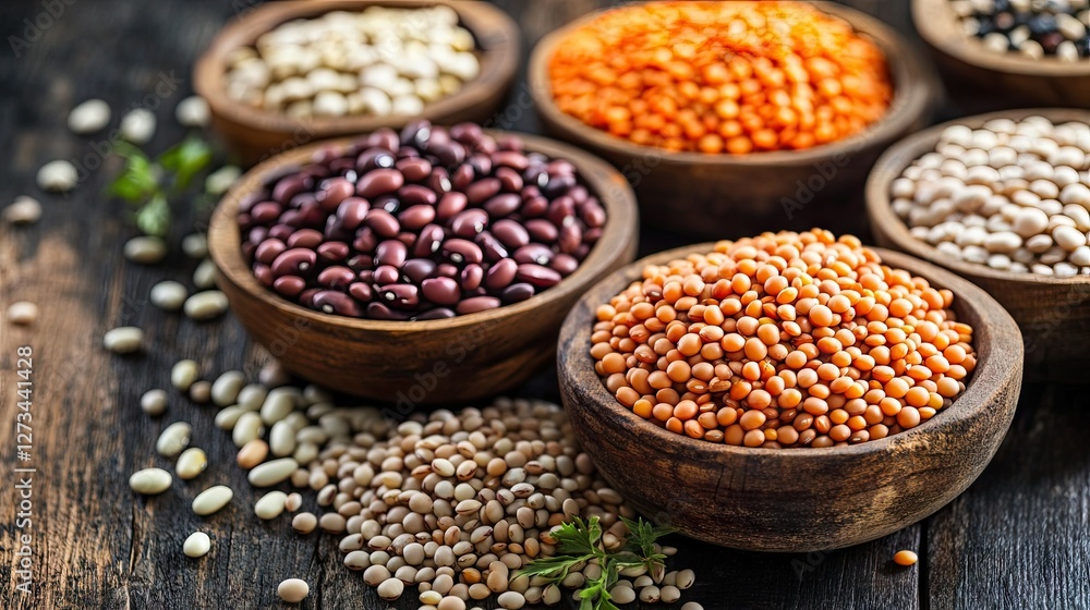 A selection of different dry legumes, including kidney beans, black-eyed peas, and lentils, on a wooden table, promoting clean eating A selection of different dry legumes, including kidney beans, black-eyed peas, and lentils, on a wooden table, promoting clean eating