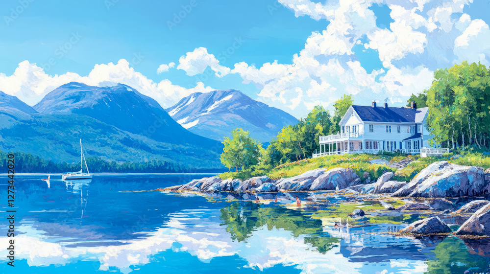 Fototapeta premium Summer Serenity: Lakeside Home with Mountains, Sailboat and Swimmers, Artwork for Print, Decoration