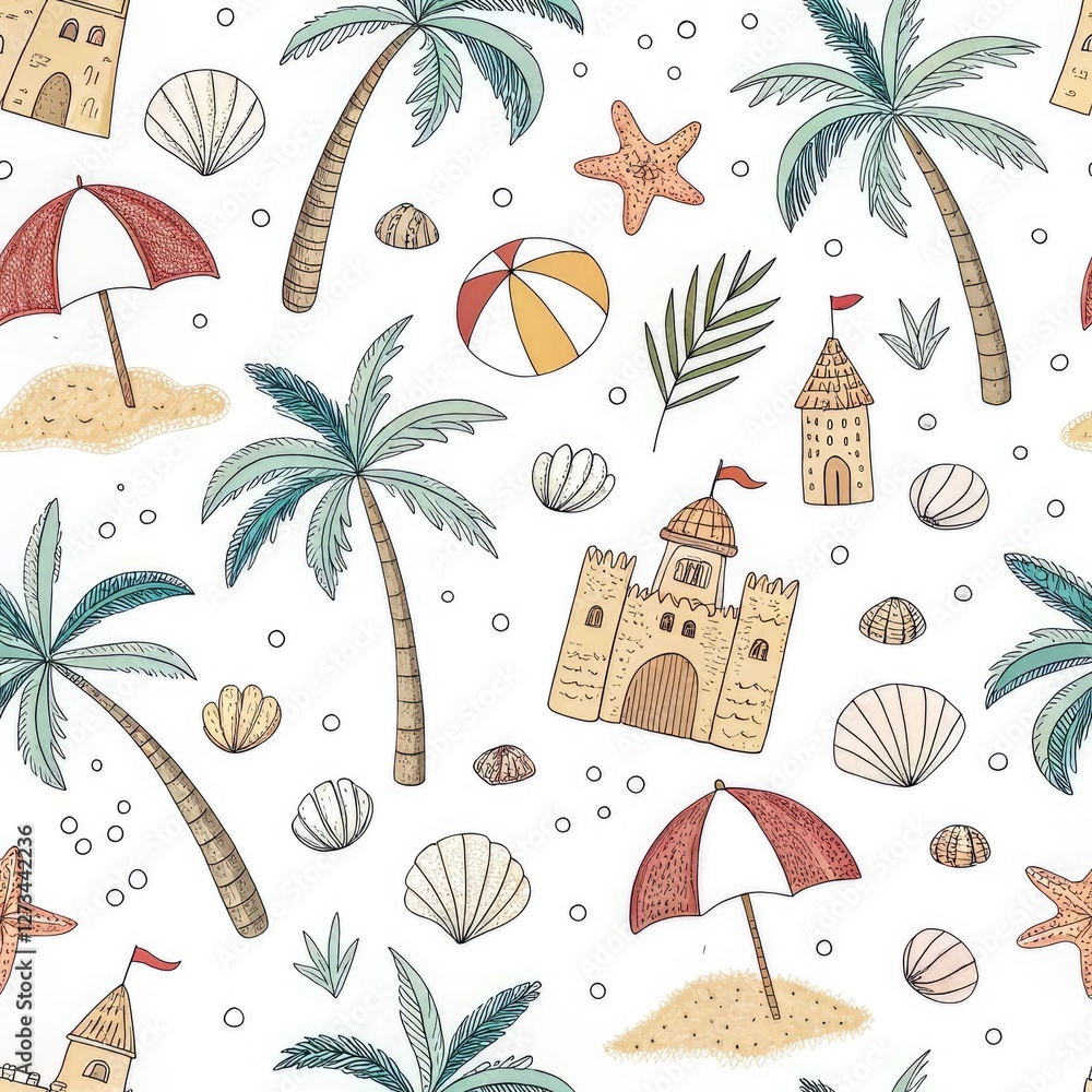 Adorable Beach Seamless Pattern: Palm Trees, Sandcastles, & Summer Fun Adorable Beach Seamless Pattern: Palm Trees, Sandcastles, & Summer Fun