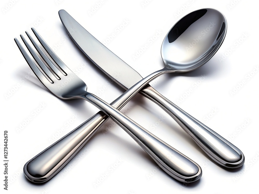 Stainless Steel Cutlery Set: Fork, Spoon, Knife on Transparent Background - Stock Photo Stainless Steel Cutlery Set: Fork, Spoon, Knife on Transparent Background - Stock Photo