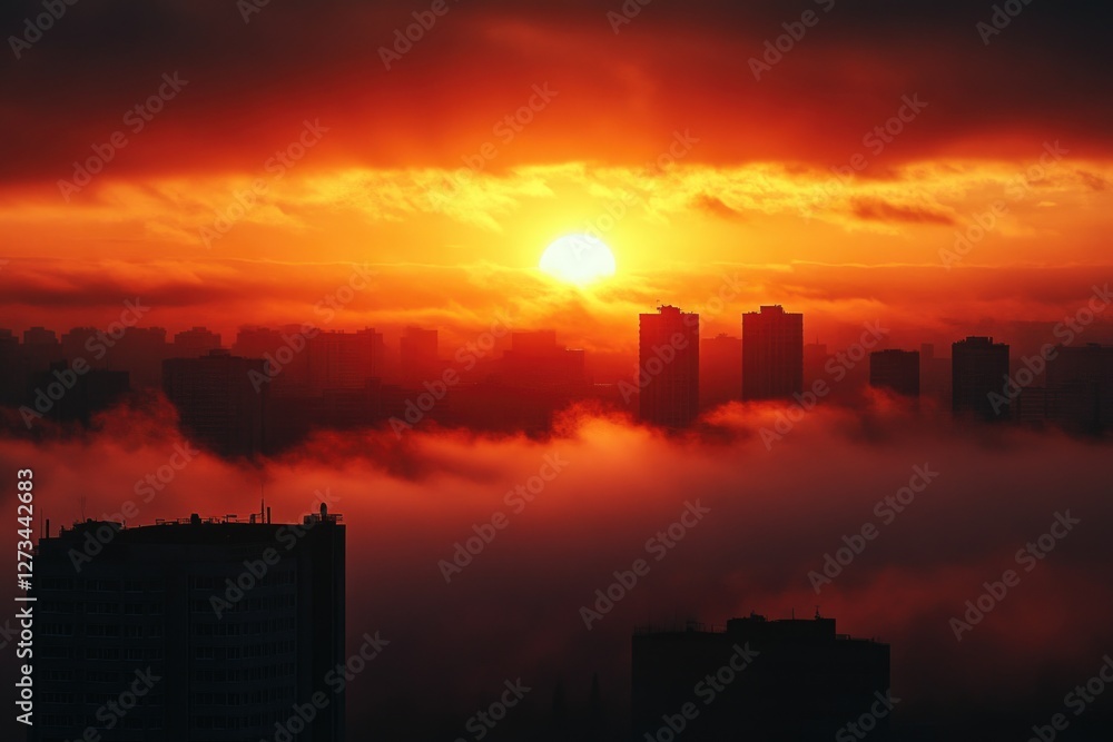 Naklejka premium A city surrounded by clouds and illuminated by the setting sun