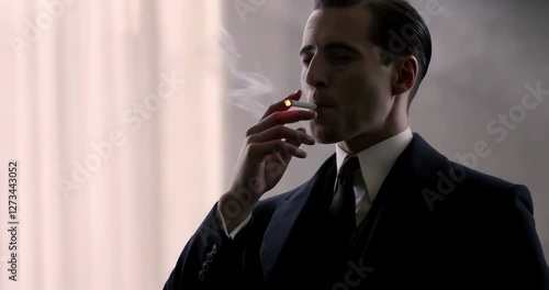 The man takes a drag from his cigarette, and exhales smoke