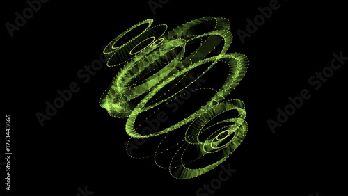 Abstract green sci-fi sphere with particles and lines. Technology network connection on world. Futuristic vector illustration. Global digital connections ai. 3D wireframe geometric sphere.