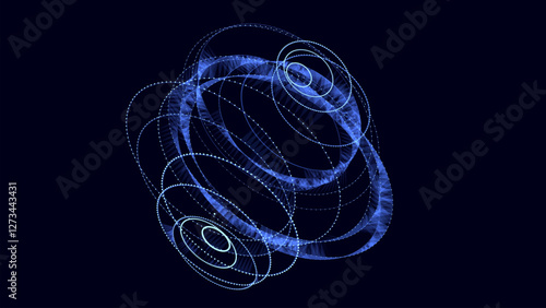 Abstract blue sci-fi sphere with particles and lines. Technology network connection on world. Futuristic vector illustration. Global digital connections ai. 3D wireframe geometric sphere.