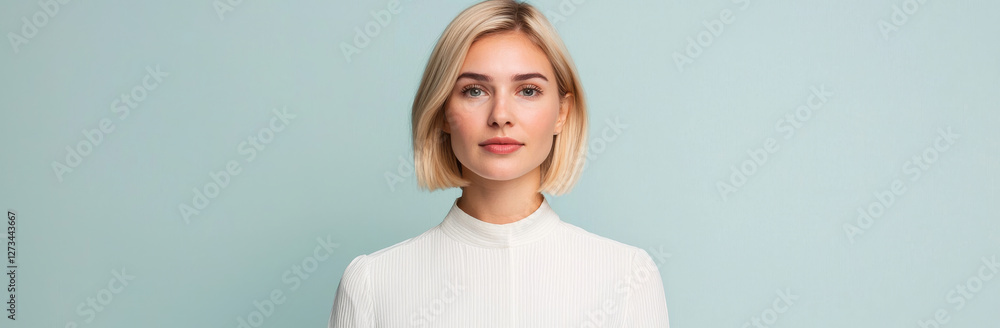 young woman with short blonde hair poses against light blue background, exuding confidence and calmness young woman with short blonde hair poses against light blue background, exuding confidence and calmness