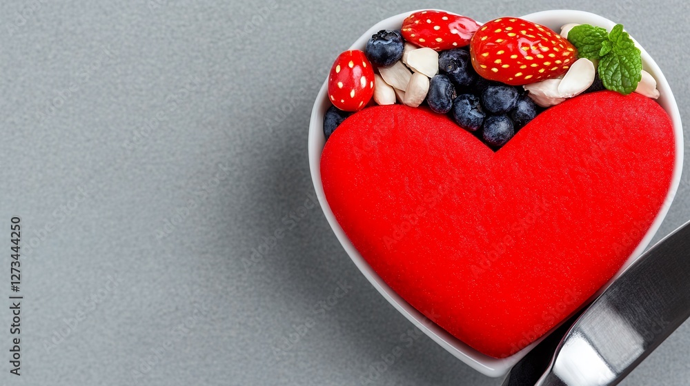 Fototapeta premium Heart Shape Bowl Filled With Red Dessert Topped With Fresh Berries And Nuts On Gray Background