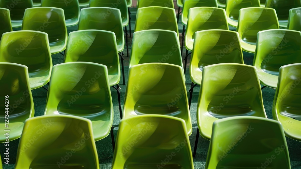 Naklejka premium Green plastic chairs with metal legs, arranged in rows on a blue background, demonstrate the repeatability and simplicity of the design.
