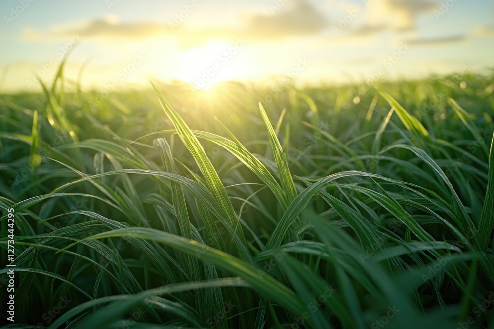 Fototapeta premium A serene landscape image of a field with the sun setting behind it