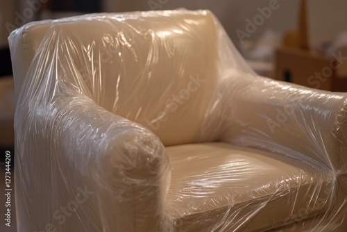 A chair covered with plastic sheeting sits in a cozy living room