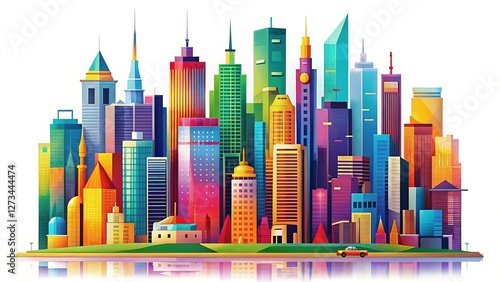 Vibrant City Skyline Abstract Background, Colorful Buildings, Urban Architecture Illustration