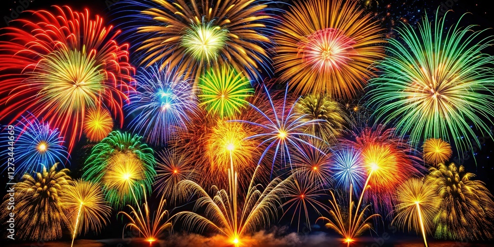 Fototapeta premium Vibrant Fireworks Explosion: Night Sky Spectacle, Colorful Pyrotechnics Display