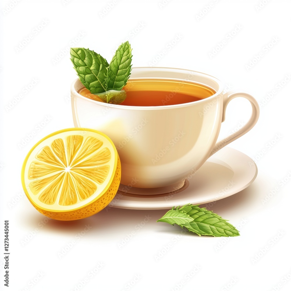 Cup of herbal tea with lemon and mint isolated on white background Cup of herbal tea with lemon and mint isolated on white background