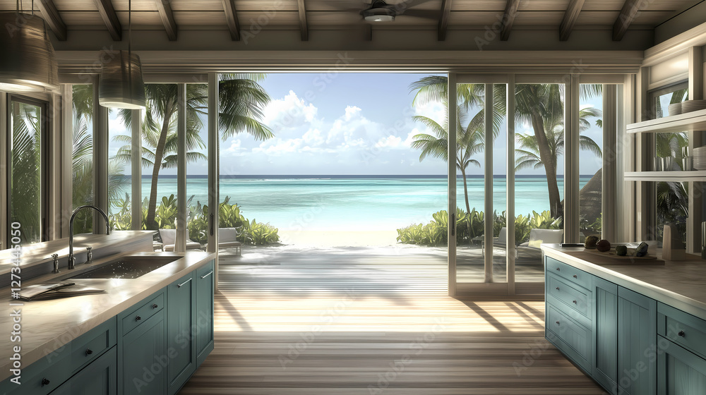 Fototapeta premium Beachside coastal kitchen with French doors opening to a deck, light blue cabinetry, and soft linens