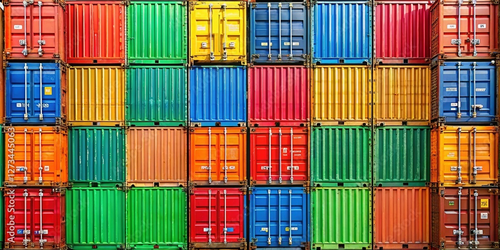 Fototapeta premium Vibrant Stacked Shipping Containers: Colorful Urban Industrial Background
