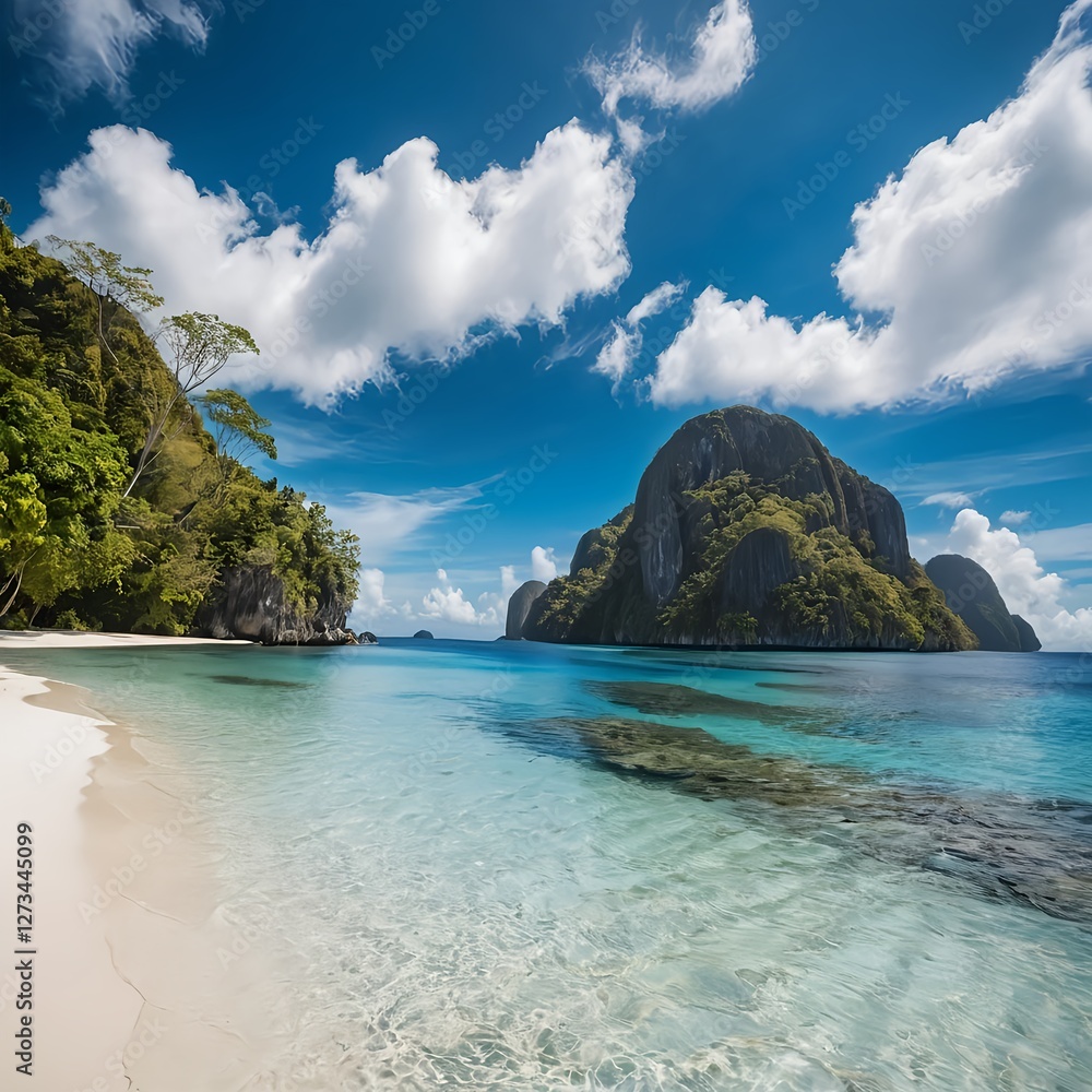 Fototapeta premium Idyllic Tropical Beach with Clear Turquoise Water and Lush Green Cliffs