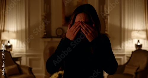 The woman is devastated, crying while standing in the living room