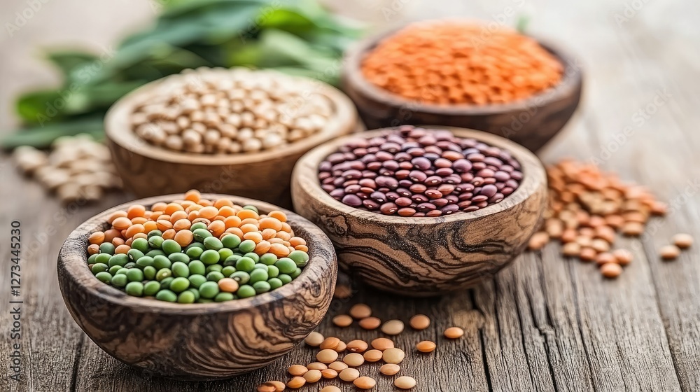 Fototapeta premium A wooden table with different types of dry legumes including beans, peas, and lentils, showcasing healthy food options for a balanced diet
