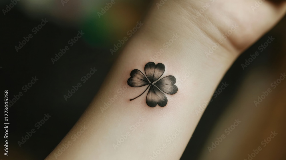 Obraz premium Close-up of a four-leaf clover tattoo on a person’s wrist, elegant minimalist black ink design, smooth skin, soft-focus background, artistic detail, stylish and trendy tattoo aesthetic, shamrock