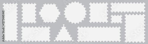 Vintage blank postage stamps isolated on white background. Collection perforated paper mark. Flat design. Vector illustration. Post stamp frame outline icon.  White postage stamp icon vector set.