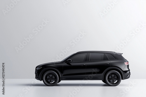 A premium SUV mockup with a clean and minimalistic aesthetic, positioned on a smooth reflective surface. The vehicle has a matte black finish, soft shadows, and elegant curves.