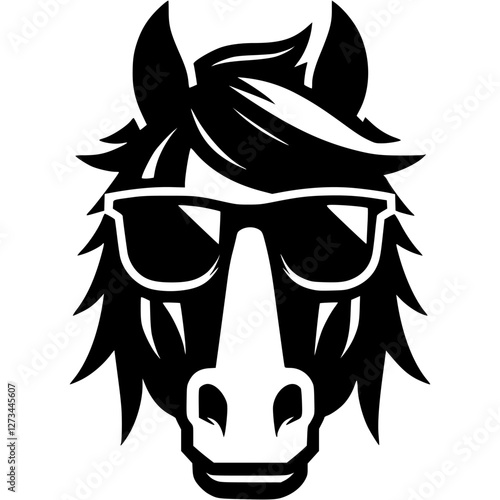 Tattoo emblem of horse face with sunglasses in monochrome. Engraving minimalistic vector in black ink drawing on transparent background