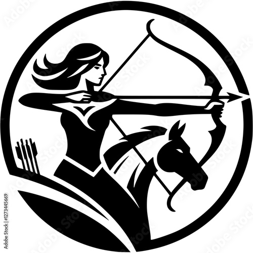 Tattoo emblem of girl archer riding horse rushes and aims an arrow at target in monochrome. Engraving minimalistic vector in black ink drawing on transparent background