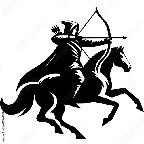 Tattoo emblem of hooded and cloaked archer riding horse rushes and aims an arrow at target in monochrome. Engraving minimalistic vector in black ink drawing on transparent background