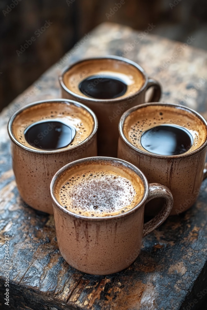 Four cups of coffee sitting on a wooden table, perfect for morning routine or office setting Four cups of coffee sitting on a wooden table, perfect for morning routine or office setting