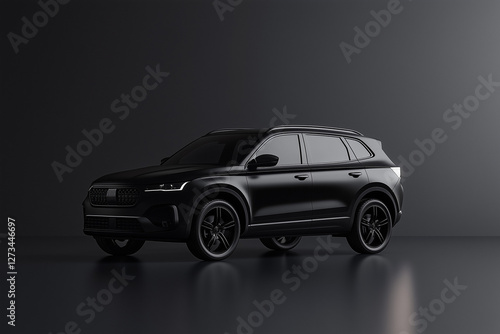 A premium SUV mockup with a clean and minimalistic aesthetic, positioned on a smooth reflective surface. The vehicle has a matte black finish, soft shadows, and elegant curves.