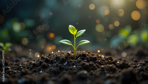 Emerging Life: A Tiny Sprout Reaching for Sunlight, Symbolizing Growth, Hope, and New Beginnings in Dark Soil with Bokeh Lights