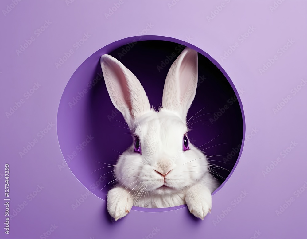 Fototapeta premium White Rabbit Peeking Through Purple Hole