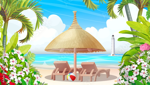 vector nature landscape background. Umbrella and sun loungers on beach. Cartoon summer clip art. Hand drown design.
