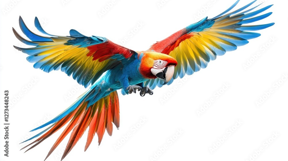 Fototapeta premium A macaw flying with elegance, wings extended wide, showcasing its colorful feathers against a stark white background