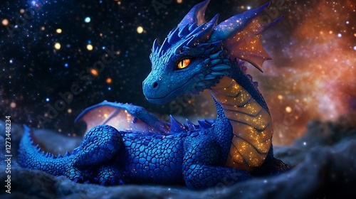 Stuffed dragon with glowing scales under a starry galaxy sky
