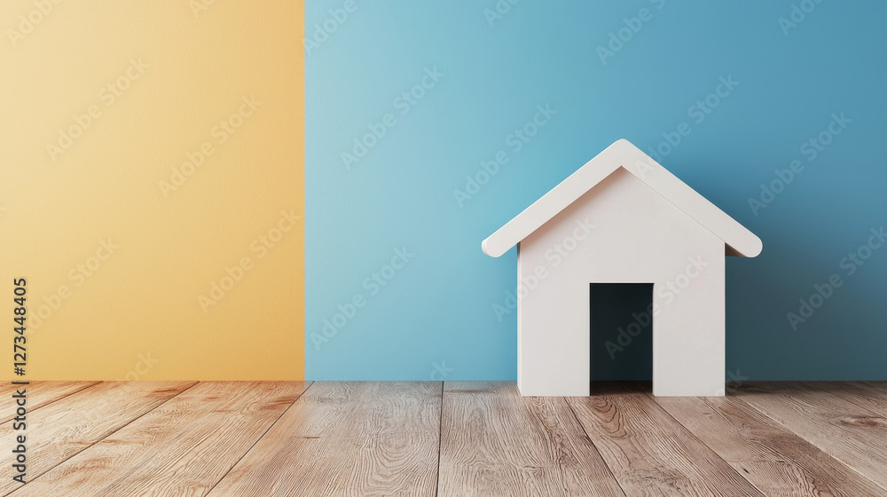 minimalist house model against blue and yellow wall, creating cheerful atmosphere minimalist house model against blue and yellow wall, creating cheerful atmosphere