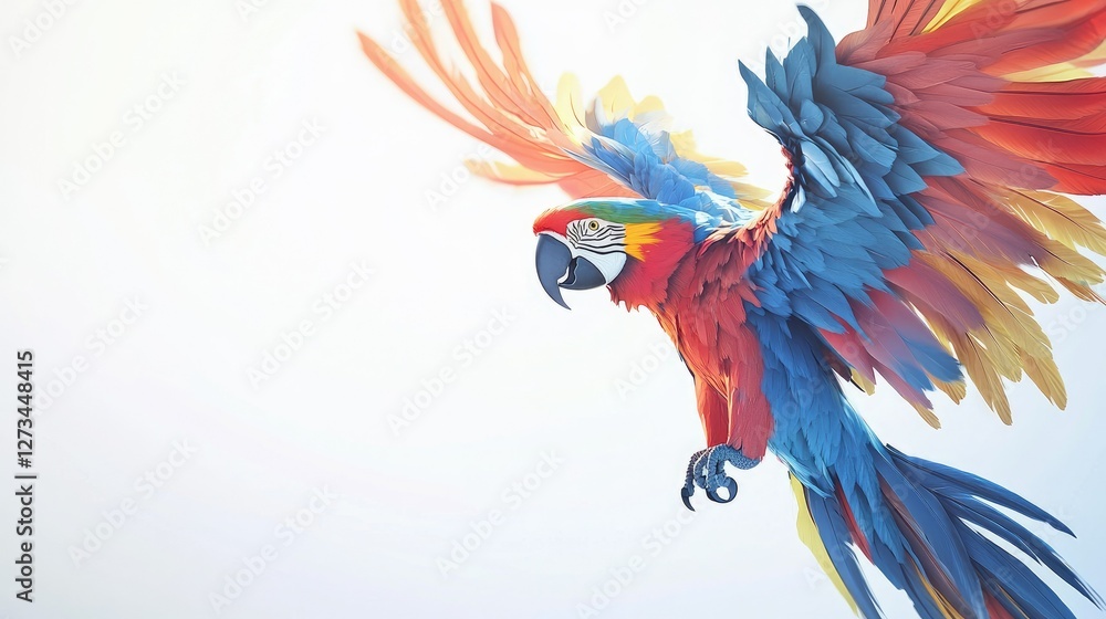 Obraz premium A macaw soaring through the air, showcasing its radiant feathers in blue, red, and yellow, isolated against a pristine white backdrop