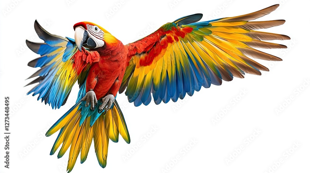 Obraz premium A macaw with colorful feathers in flight, wings extended, isolated against a white background to highlight the bird's bright and vivid colors