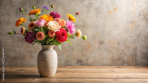 Wallpaper Mural A Vibrant Bouquet of Assorted Flowers in a Simple Ceramic Vase, Arranged on a Rustic Wooden Table Against a Textured Background Torontodigital.ca
