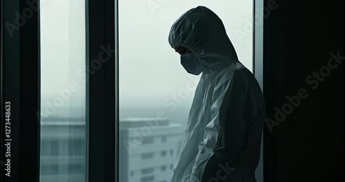 A doctor in a hazmat suit gazes out the window, burdened by the weight of an unfolding crisis