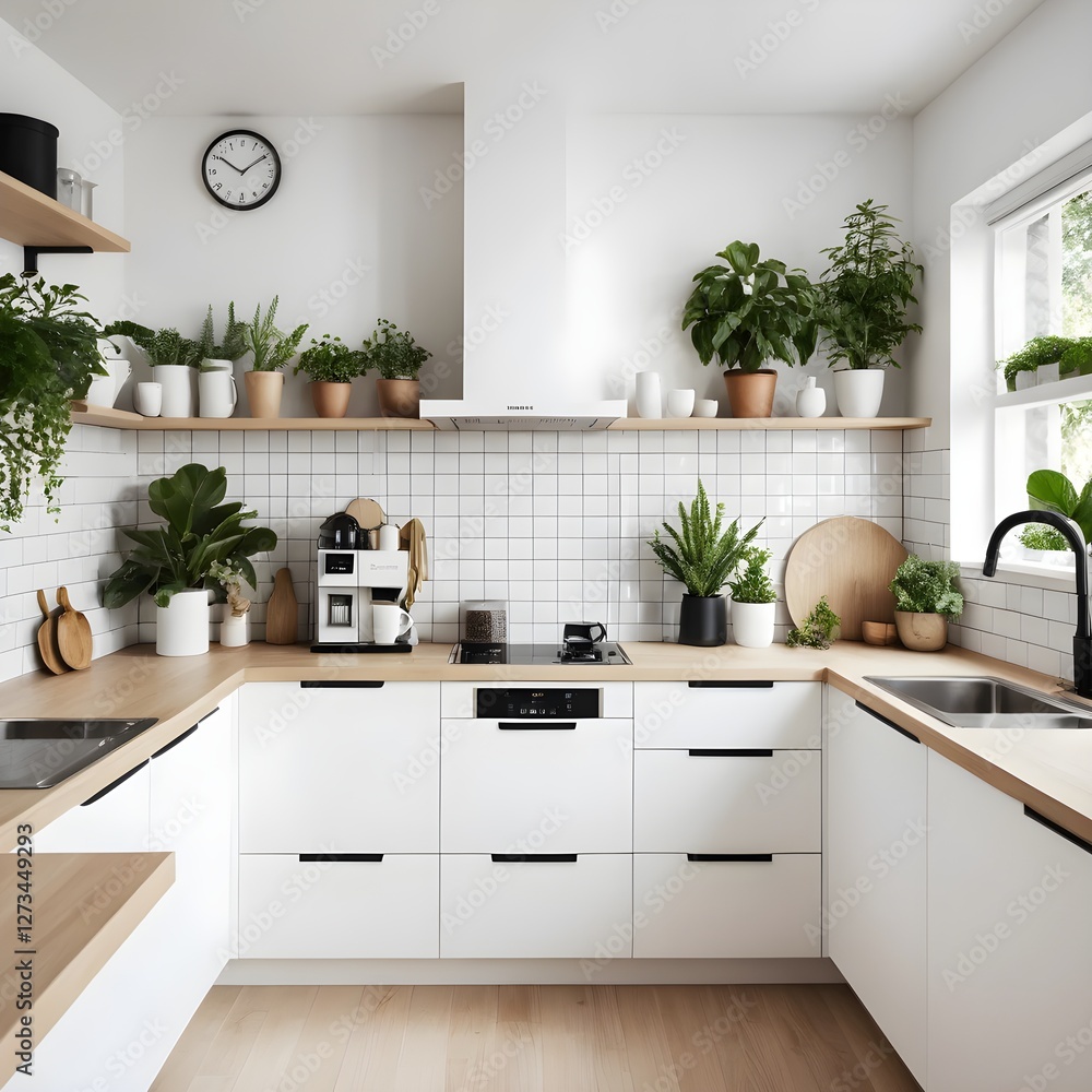 Fototapeta premium Modern Minimalist Kitchen Interior with Plants